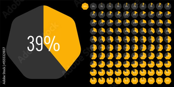 Obraz Set of heptagon percentage diagrams meters from 0 to 100 ready-to-use for web design, user interface UI or infographic - indicator with yellow