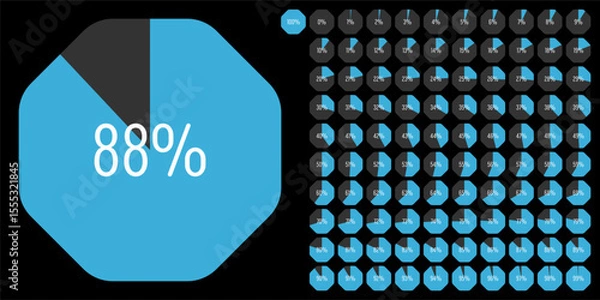 Obraz Set of octagon percentage diagrams meters from 0 to 100 ready-to-use for web design, user interface UI or infographic - indicator with blue