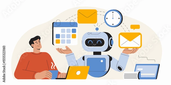 Fototapeta office worker with ai personal assistant robot managing tasks, vector illustration for ai task management, workflow automation and productivity enhancement
