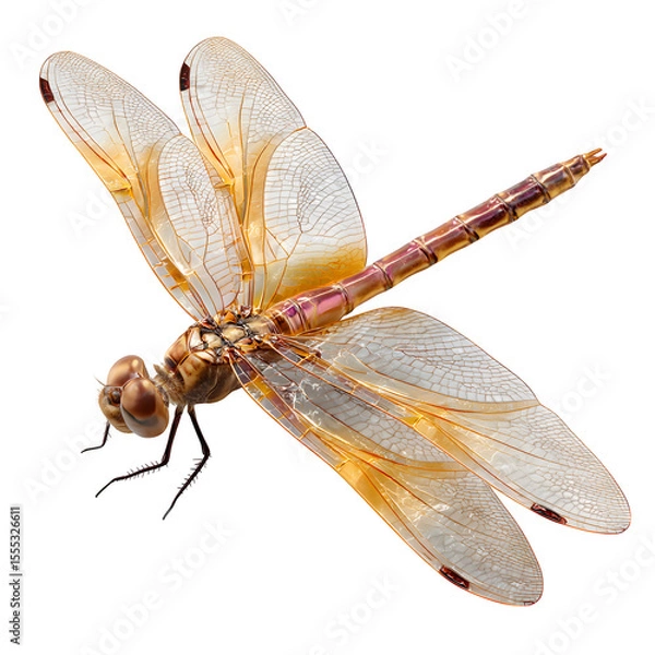 Fototapeta Dragonfly with spread wings gliding sideways, clear wing veins and metallic body color, sharp shadows under transparent parts, 8K macro photoreal PNG for stock