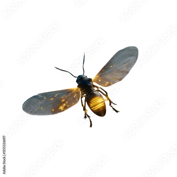 Fototapeta Firefly glowing at night, wings slightly spread with warm yellow glow from abdomen, soft dark shadow beneath, clean 8K transparent PNG with minimal blur