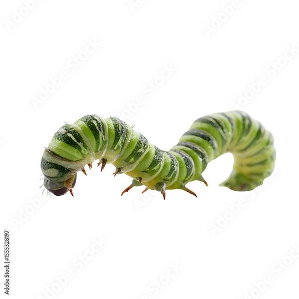Fototapeta Inchworm crawling on invisible surface, body arched in motion, segmented folds with soft light, photorealistic rendering in isolated 8K transparent PNG