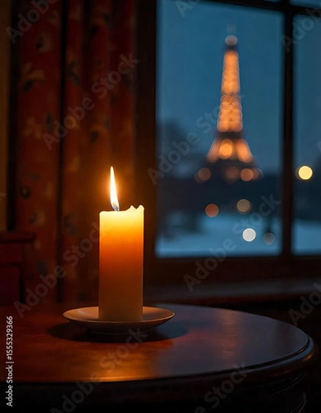 Obraz A single fire candle burning out on a polished mahogany table in a Victorian study, set against a backdrop of a clear night with lightning illuminating a distant cityscape in winter.