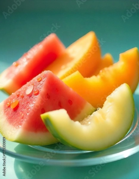 Obraz A close-up of a clear glass plate with a minimalist arrangement of summer fruits, with perfectly sliced watermelon, cantaloupe, and honeydew melon, glistening with morning dew on a cool summer morning