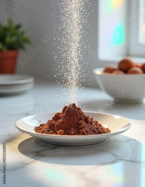 Obraz A dusting of fine, white confectioner's sugar over a mound of cocoa powder on a ceramic plate, set on a clean, white marble countertop in a brightly lit kitchen.