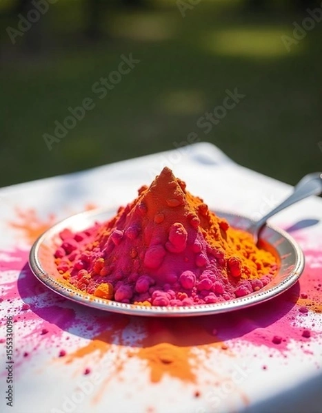 Obraz A pile of vibrant, colorful Holi powder on a silver platter, scattered across a white linen tablecloth outdoors during a daytime celebration.