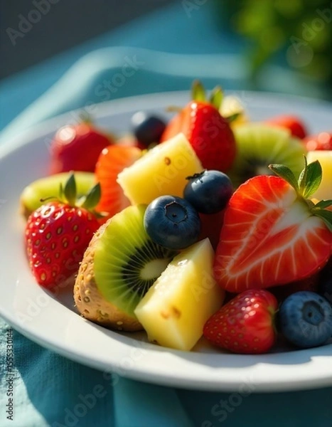 Obraz A close-up of a vibrant fruit salad on a white ceramic plate, featuring ripe strawberries, blueberries, kiwi slices, and chunks of pineapple, bathed in the bright sunlight of a summer afternoon.