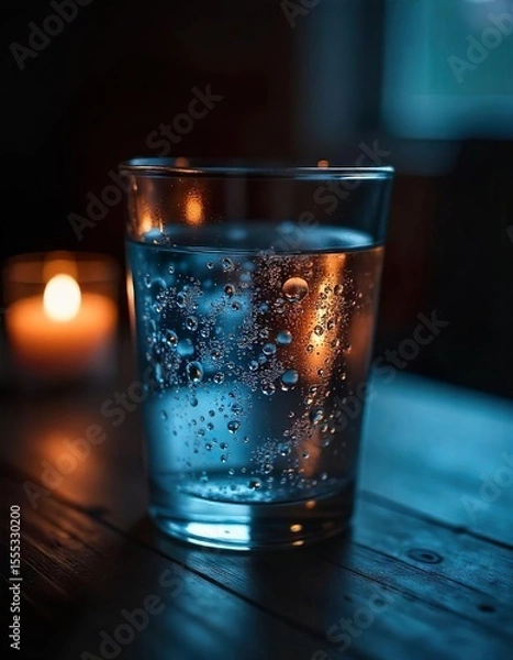 Obraz A close-up of a clear glass of water with condensation droplets, set on a dark wooden table in a dimly lit room, creating a romantic atmosphere with soft candlelight reflecting in the water.