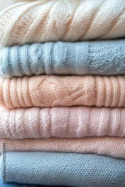 Fototapeta A neatly stacked pile of pastel-colored knit sweaters exhibits soft texture and gentle hues