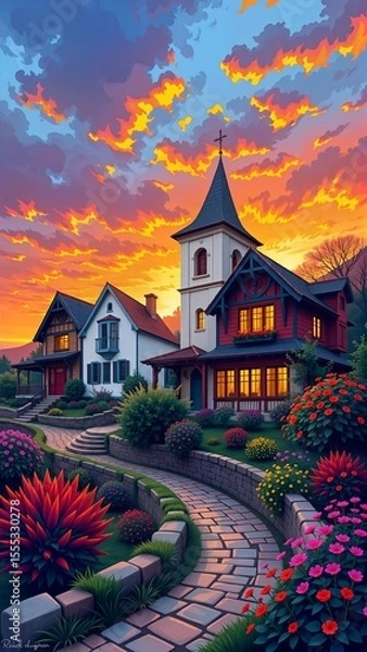 Fototapeta A picturesque scene of three charming houses on a vibrant hillside at sunset, capturing the essence of Impressionism with a splash of color.