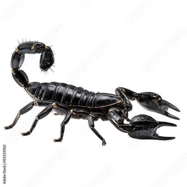 Fototapeta Scorpion side profile, claws open and tail curled, shiny black surface texture with high-contrast detail, transparent 8K PNG, macro photography style