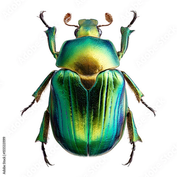 Fototapeta Scarab beetle with iridescent green shell, top-down view showing symmetry, fine detail on shell ridges and legs, isolated on transparent background, 8K macro realism