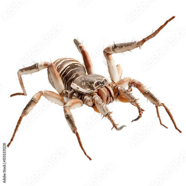 Fototapeta Side view of a camel spider with segmented legs and hairy body, realistic desert tones and menacing mandibles, isolated 8K transparent PNG