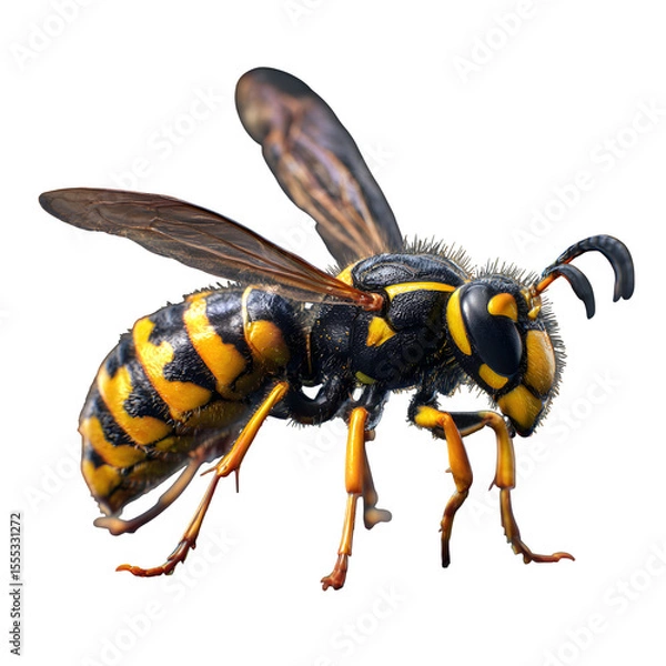 Fototapeta Side view of a realistic wasp with curled stinger, bold black-and-yellow pattern, slightly lifted wings and legs, transparent 8K PNG in sharp macro render style