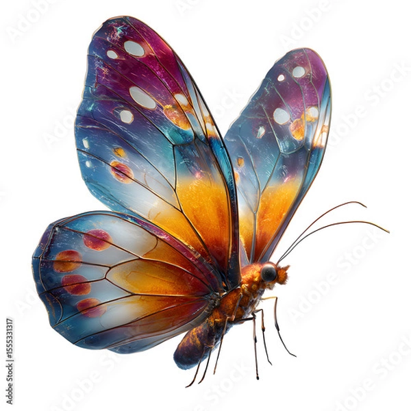 Fototapeta Small butterfly flying upward, colorful wings with subtle details, side lighting to show depth, clean transparent background for stock use, 8K macro render style