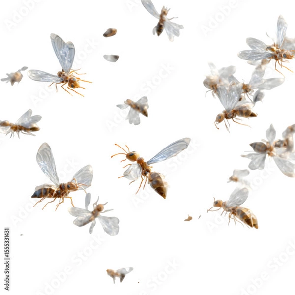 Fototapeta Swarm of flying ants in various angles, aerial view simulation, translucent wings with motion blur, individual insect detail preserved, white-to-transparent background, commercial design setting