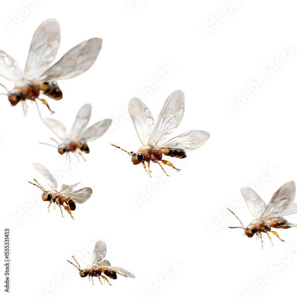 Fototapeta Swarm of flying ants in various angles, aerial view simulation, translucent wings with motion blur, individual insect detail preserved, white-to-transparent background, commercial design setting