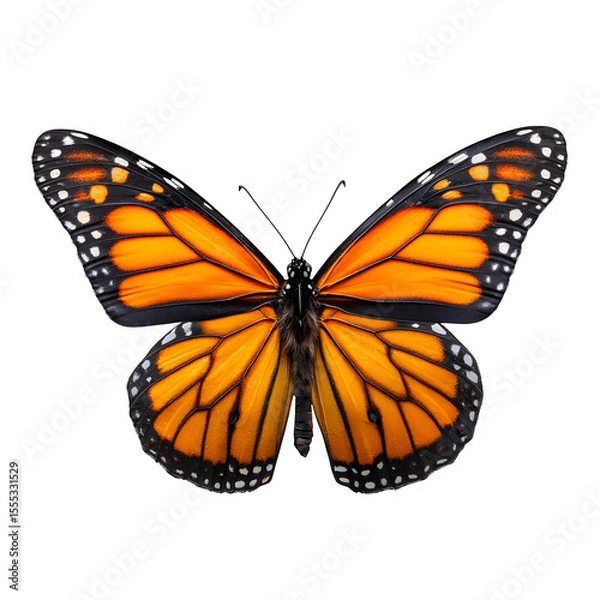 Fototapeta Symmetrical monarch butterfly with bright orange and black wings, realistic scale, wings fully extended, isolated on white-transparent background, high detail macro capture