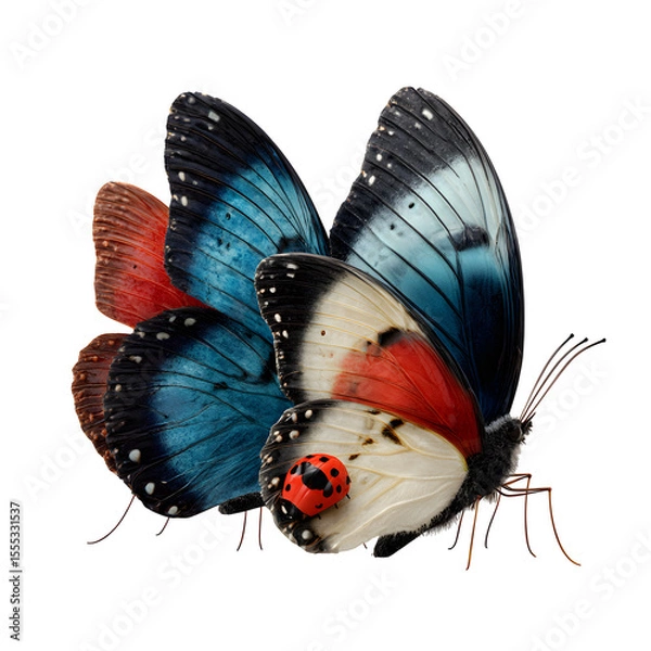 Fototapeta Three butterflies and a ladybug in group composition, balanced spacing, colorful wings with soft edge detail, white-transparent background, macro render style in 8K