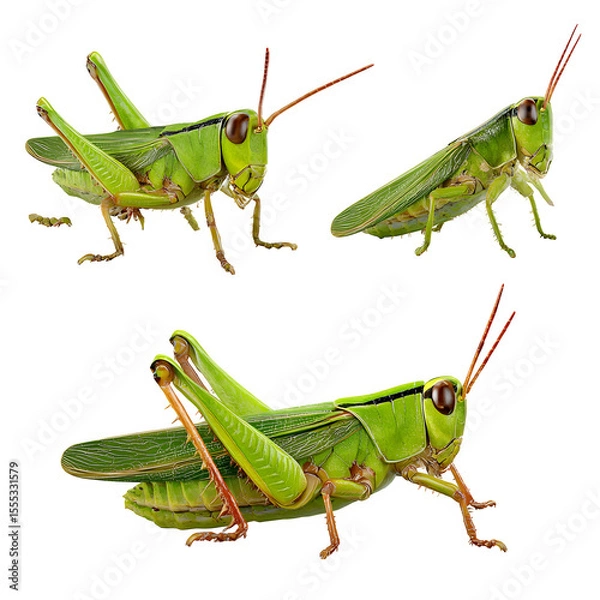 Fototapeta Three green grasshoppers in different poses, standing, crawling, and mid-jump, realistic texture and leg articulation, clean white-transparent background, isolated 8K PNG