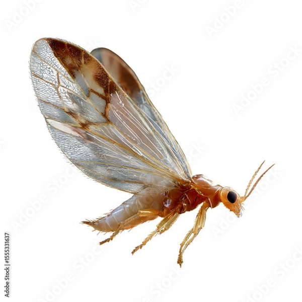 Fototapeta Tiny thrips insect with narrow wings and fringed edges, pale translucent body under soft lighting, scientific realism, isolated 8K PNG