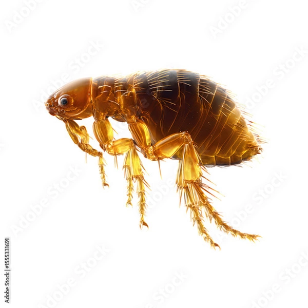 Fototapeta True flea macro view, compressed body with backward bristles and strong legs, amber sheen texture, scientific-style 8K PNG