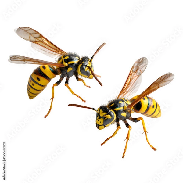 Fototapeta Two wasps facing opposite directions, dark wing shadows and sharp abdominal markings, crisp outlines and natural posture, isolated for 8K transparent render