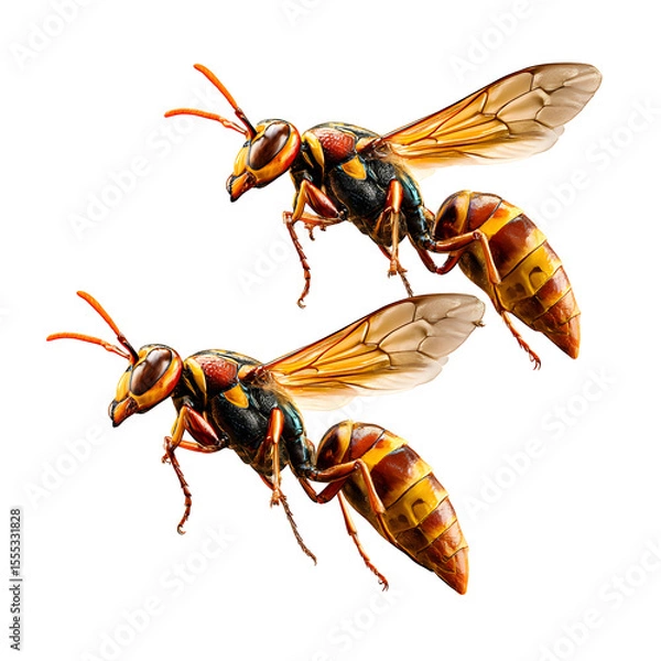 Fototapeta Two wasps flying near each other, stingers visible, natural pose and balance, insect wing motion blur, high-resolution macro render with transparent background