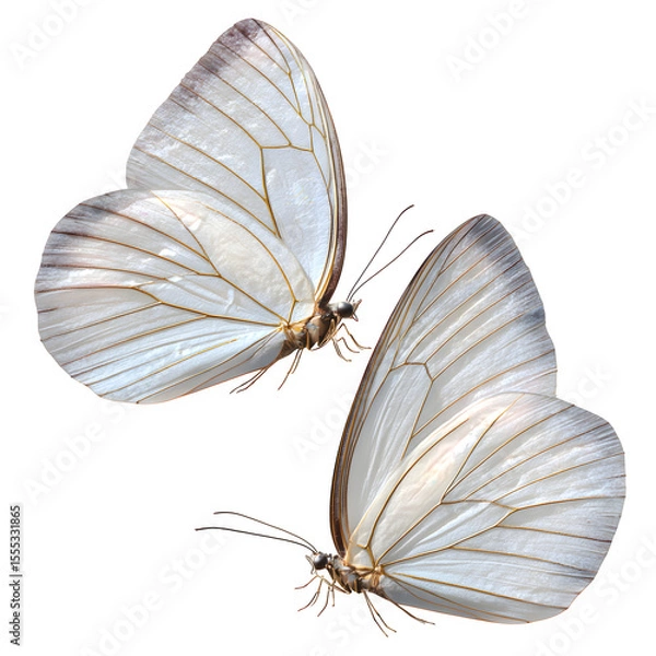 Fototapeta Two white butterflies flying diagonally, wings spread and semi-overlapping, detailed wing veins and edges, balanced symmetry, isolated on transparent background, 8K ultra-photoreal PNG