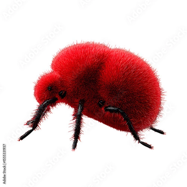 Fototapeta Velvet mite crawling pose, bold red fuzzy body texture with short black legs, strong color contrast, 8K macro transparent PNG