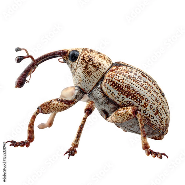 Fototapeta Weevil beetle macro side view, long snout and dotted shell texture, earthy color tones, natural shadow fall, 8K transparent PNG style