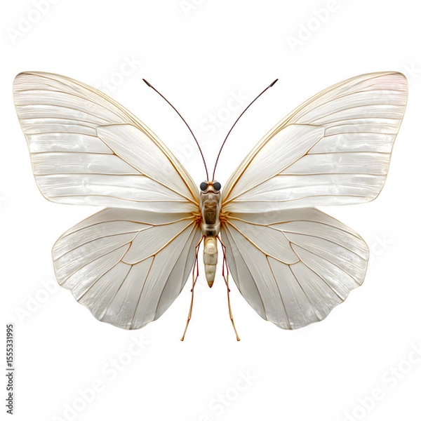 Fototapeta White butterfly with delicate wings spread, soft lighting on textured wings, detailed veins and antennae, flat vector realism, transparent background, 8K PNG