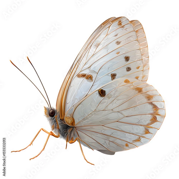Fototapeta White butterfly with delicate wings spread, soft lighting on textured wings, detailed veins and antennae, flat vector realism, transparent background, 8K PNG