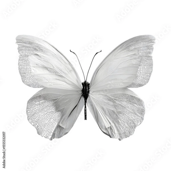 Fototapeta White butterfly with delicate wings spread, soft lighting on textured wings, detailed veins and antennae, flat vector realism, transparent background, 8K PNG