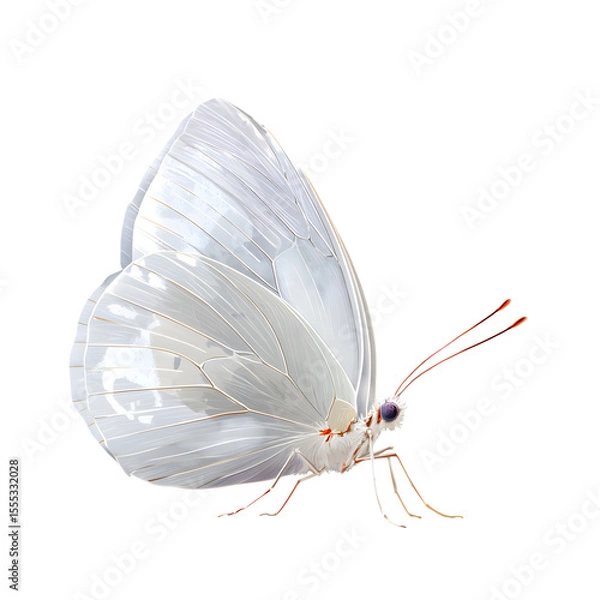 Fototapeta White butterfly with delicate wings spread, soft lighting on textured wings, detailed veins and antennae, flat vector realism, transparent background, 8K PNG