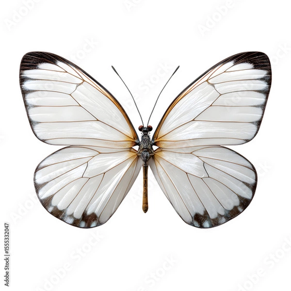 Fototapeta White butterfly with open wings, symmetrical layout, soft shadows, macro wing texture, isolated on white, transparent PNG, ultra-sharp detail.