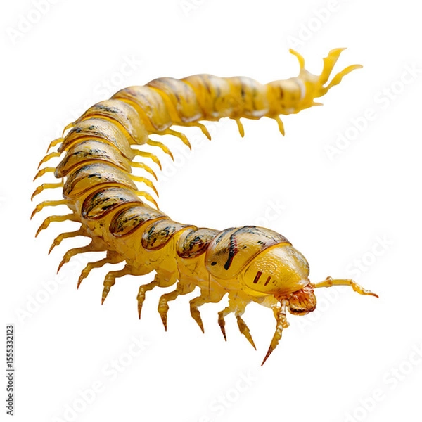 Fototapeta Yellow centipede crawling sideways, curved body with visible segmented legs, high-detail texture with subtle shadows, macro realism, isolated 8K PNG with transparent background