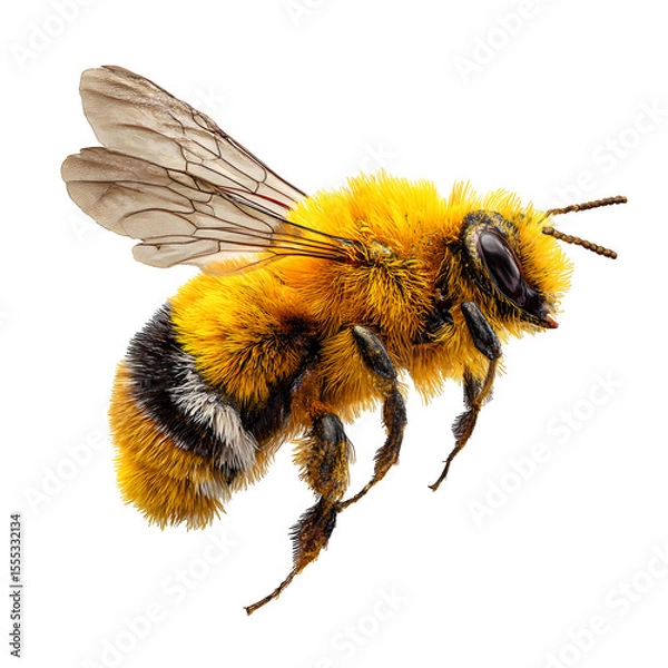 Fototapeta Yellow fuzzy bee flying diagonally, wings tilted backward, sharp texture on fuzzy body, isolated with minimal shadow, transparent PNG render in 8K macro quality