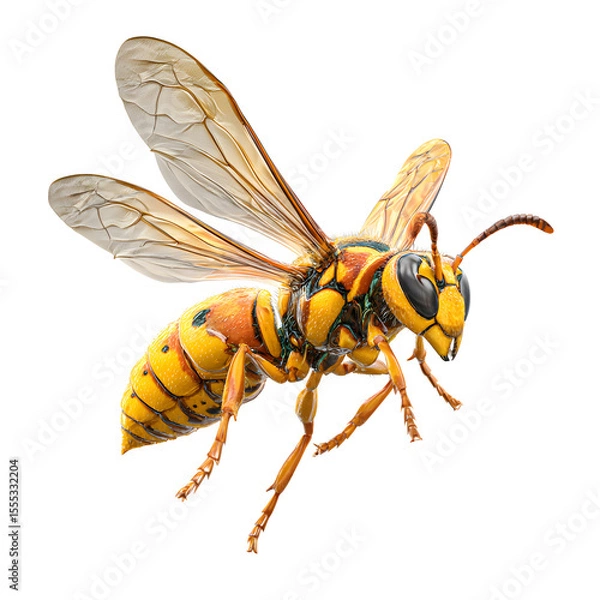 Fototapeta Yellow wasp flying, wings motion-blur frozen, detailed body segments, isolated transparent PNG, 8K sharpness.