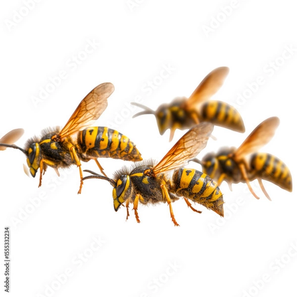Fototapeta Yellowjackets and bees flying in mixed group, sharp contrast on wing layers, macro realism lighting, isolated transparent PNG with white studio lighting setup