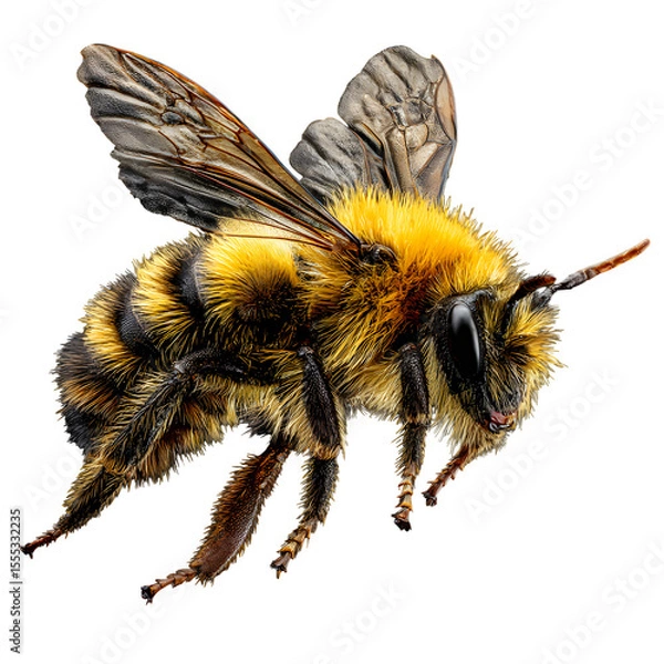 Fototapeta Yellow-black striped bee landing, side view mid-pose, wing motion blur subtle, crisp fur texture on body, high-res transparent PNG, stock-ready in 8K