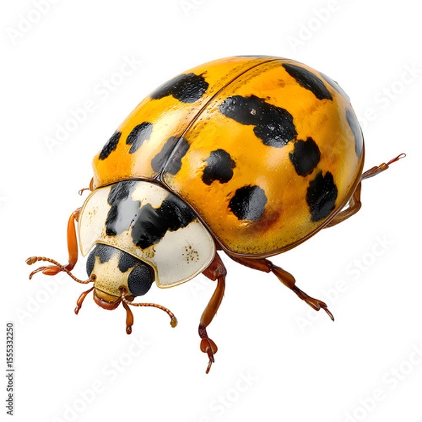 Fototapeta Yellow-orange ladybug with black spots crawling sideways, detailed leg pose and antennae visible, glossy reflective shell, transparent PNG with soft shadow for realism