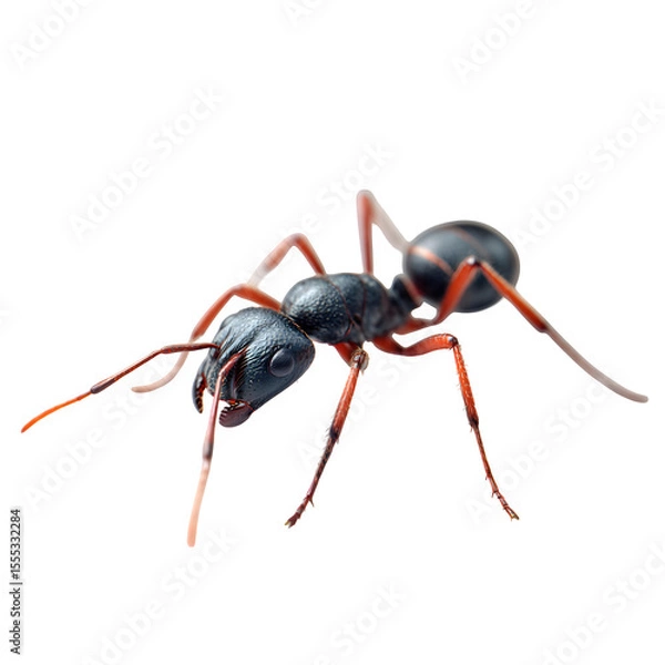 Fototapeta Ant mimic spider in mid-crawl, slender body mimicking ant segments, matte black with reddish legs, macro detail, 8K transparent PNG