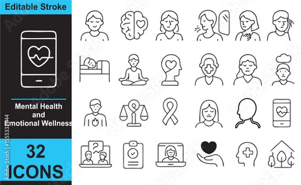 Fototapeta Black and White Outline Vector Icons of Mental Health and Emotional Wellness in Linear Style