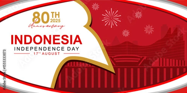 Fototapeta Banner or poster design for the 80th Indonesian Independence Day in 2025 with the silhouette element of the Nusantara Building at the IKN.