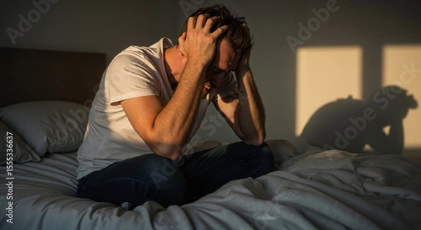 Fototapeta A man holding his head while sitting on a bed. Stress. The man is experiencing inner suffering due to being fired or after a divorce