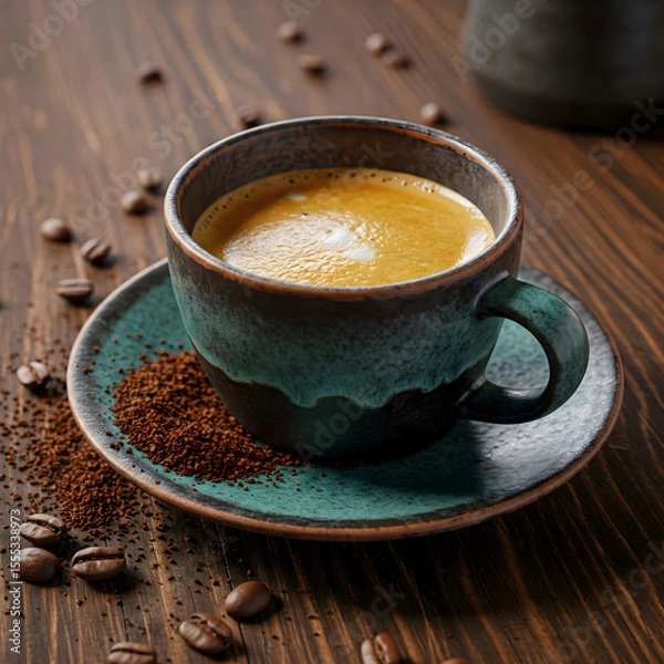 Fototapeta A teal ceramic cup of coffee with crema sits on a matching saucer with scattered coffee grounds and beans
