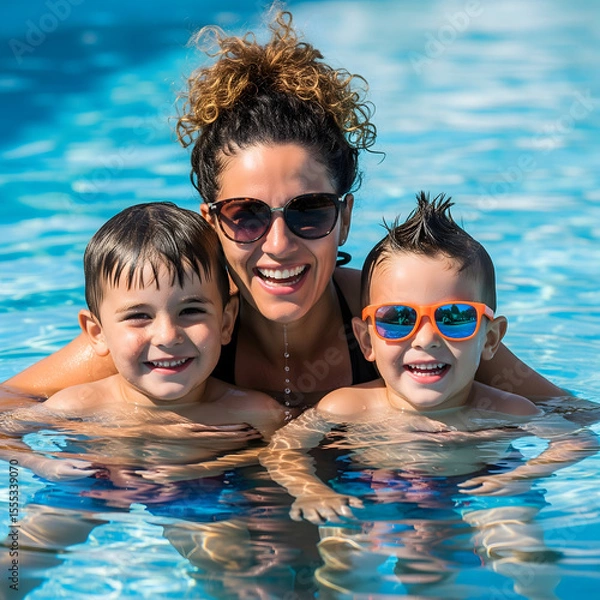 Fototapeta A mother and her two young sons are smiling happily while swimming in a bright blue pool on a sunny day