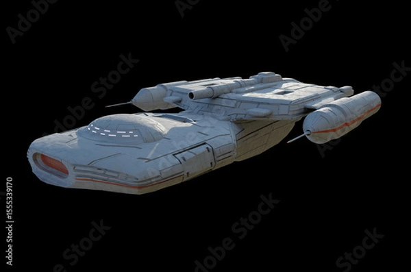 Obraz Outer Space Gunship with White and Orange Colour Scheme on Black Background - Front View, 3d digitally rendered science fiction illustration