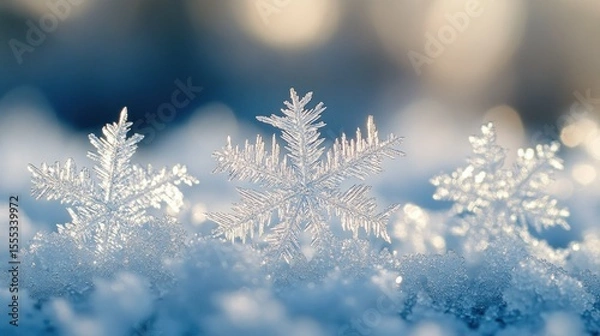 Fototapeta Three delicate snowflakes in snow